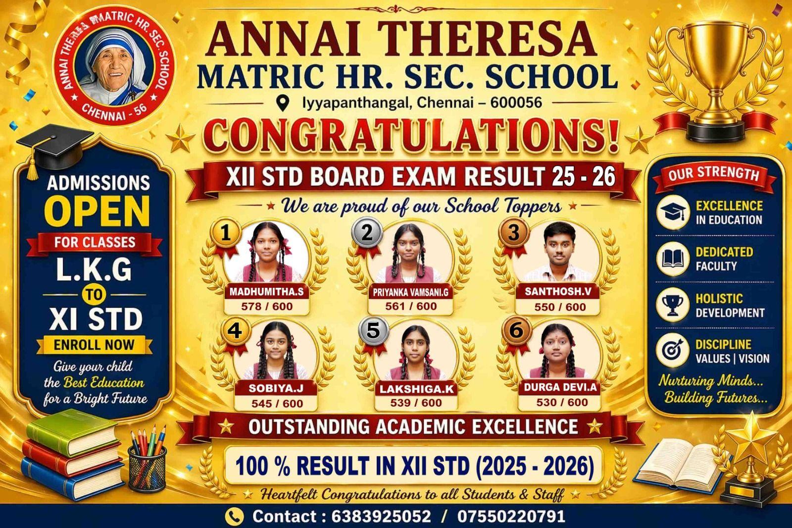"Hard work, dedication, and excellence! ๐ Huge congratulations to our phenomenal XII Std toppers and the entire batch for securing a stellar 100% result in the 2025โ2026 Board Exams.
